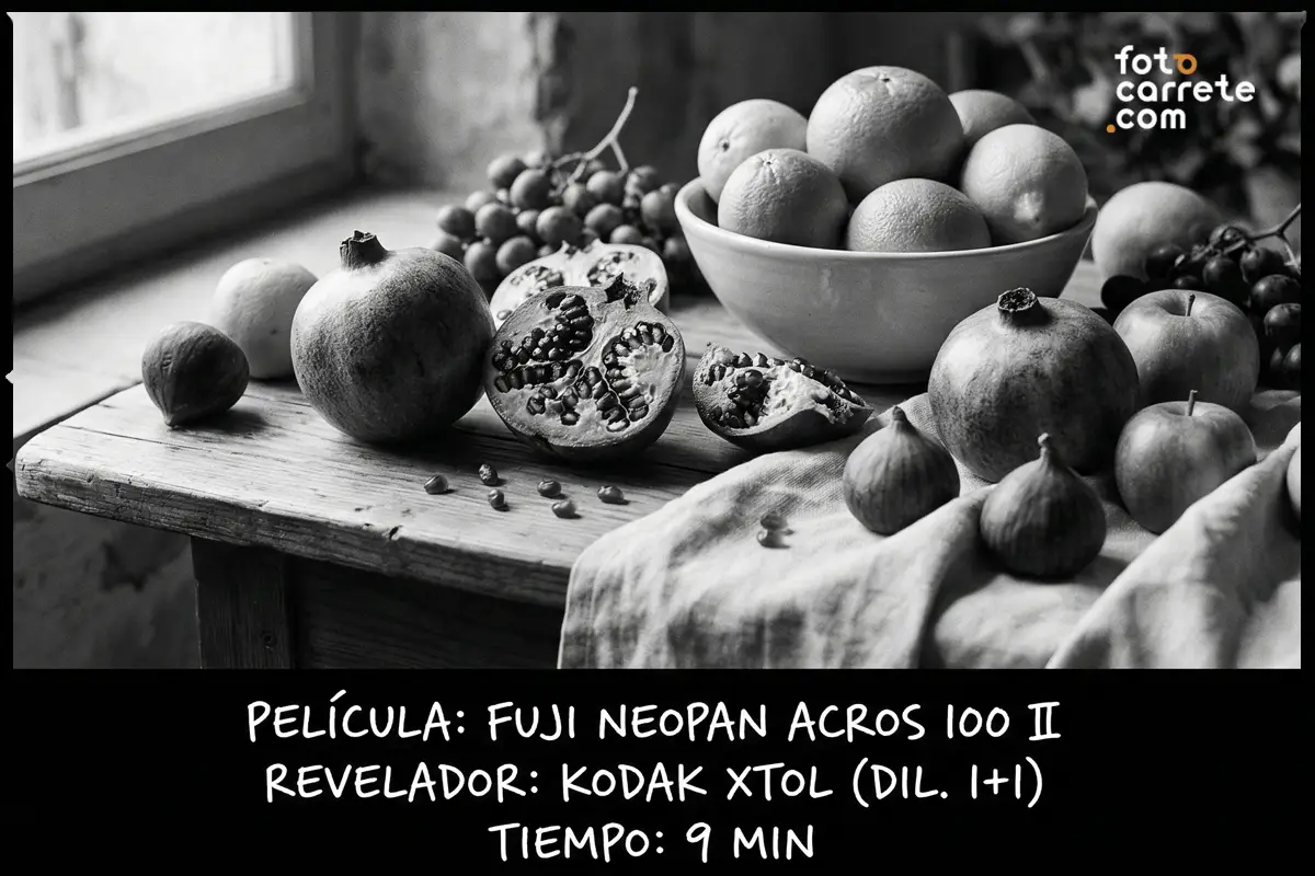 Fotografía de bodegón con granadas y frutas tomada con carrete Fuji Neopan Acros 100 II y revelador Kodak XTOL.