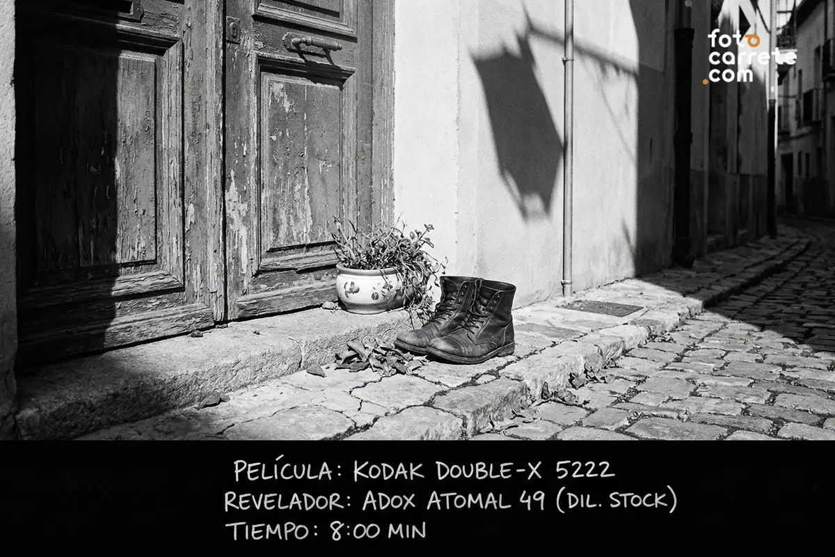 Botas desgastadas frente a una puerta de madera en calle adoquinada, Kodak Double-X 5222 con revelador Adox Atomal 49.