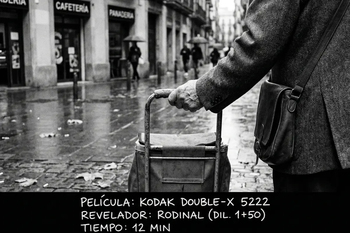 Fotografía urbana bajo la lluvia de persona con carrito, tomada con película Kodak Double-X 5222 y revelador Rodinal.