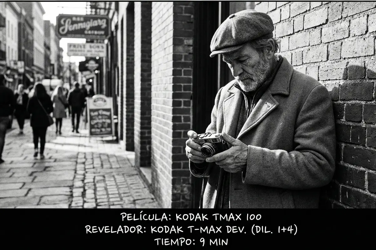 Retrato callejero de hombre mayor con cámara analógica, disparado en película Kodak T-Max 100 y revelado en T-Max Dev.