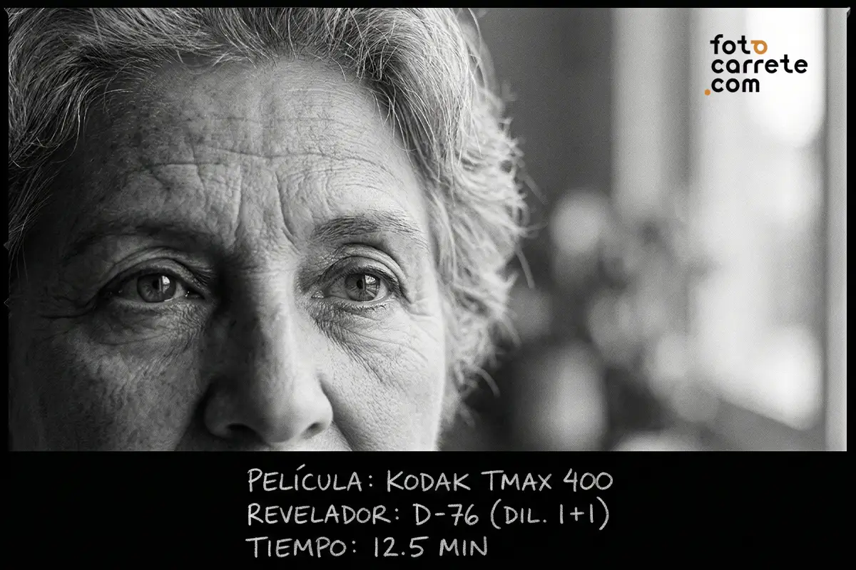 Retrato analógico en primer plano de mujer mayor usando película Kodak Tmax 400 y revelador D-76.