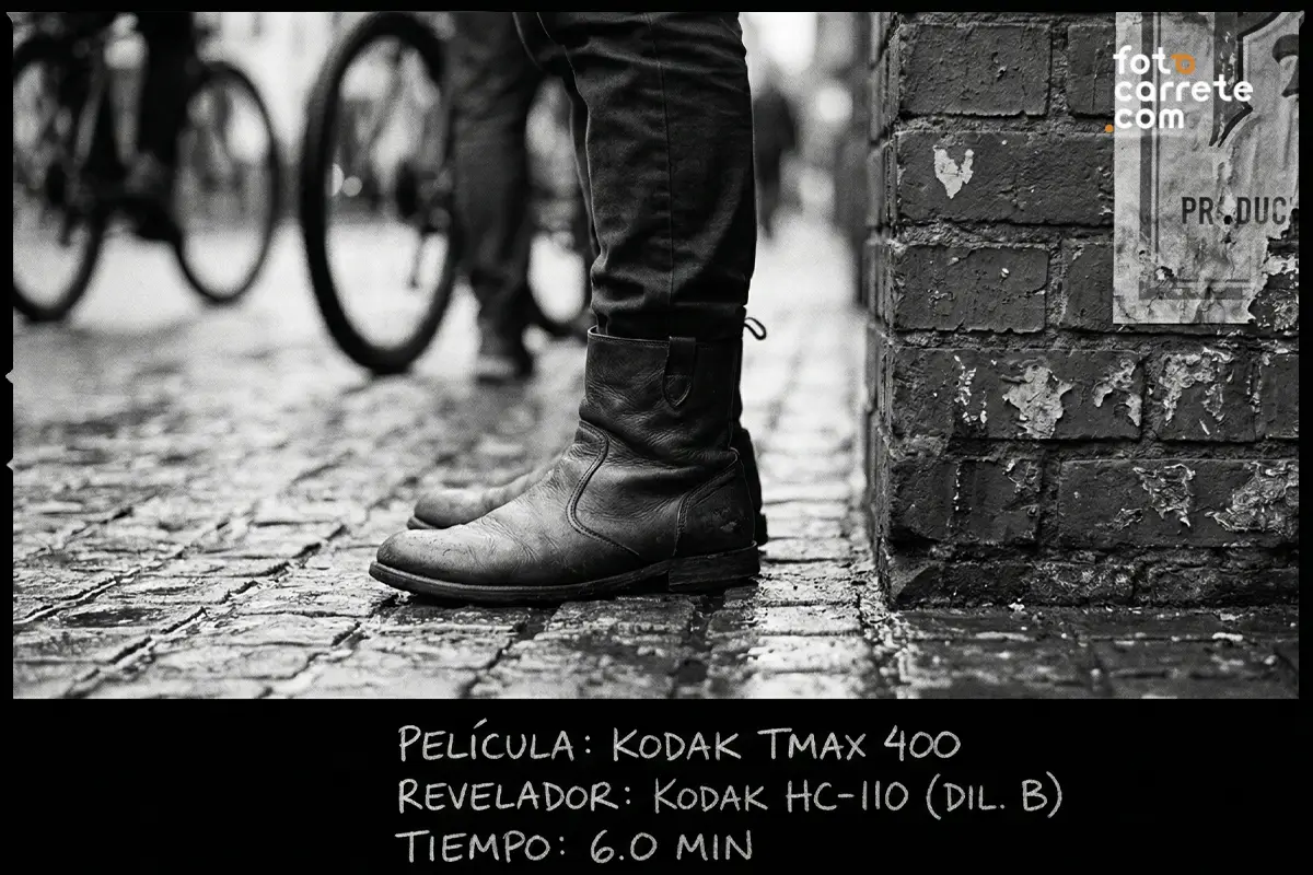 Fotografía urbana de botas en suelo de adoquines mojado, tomada con Kodak Tmax 400 y revelador HC-110.