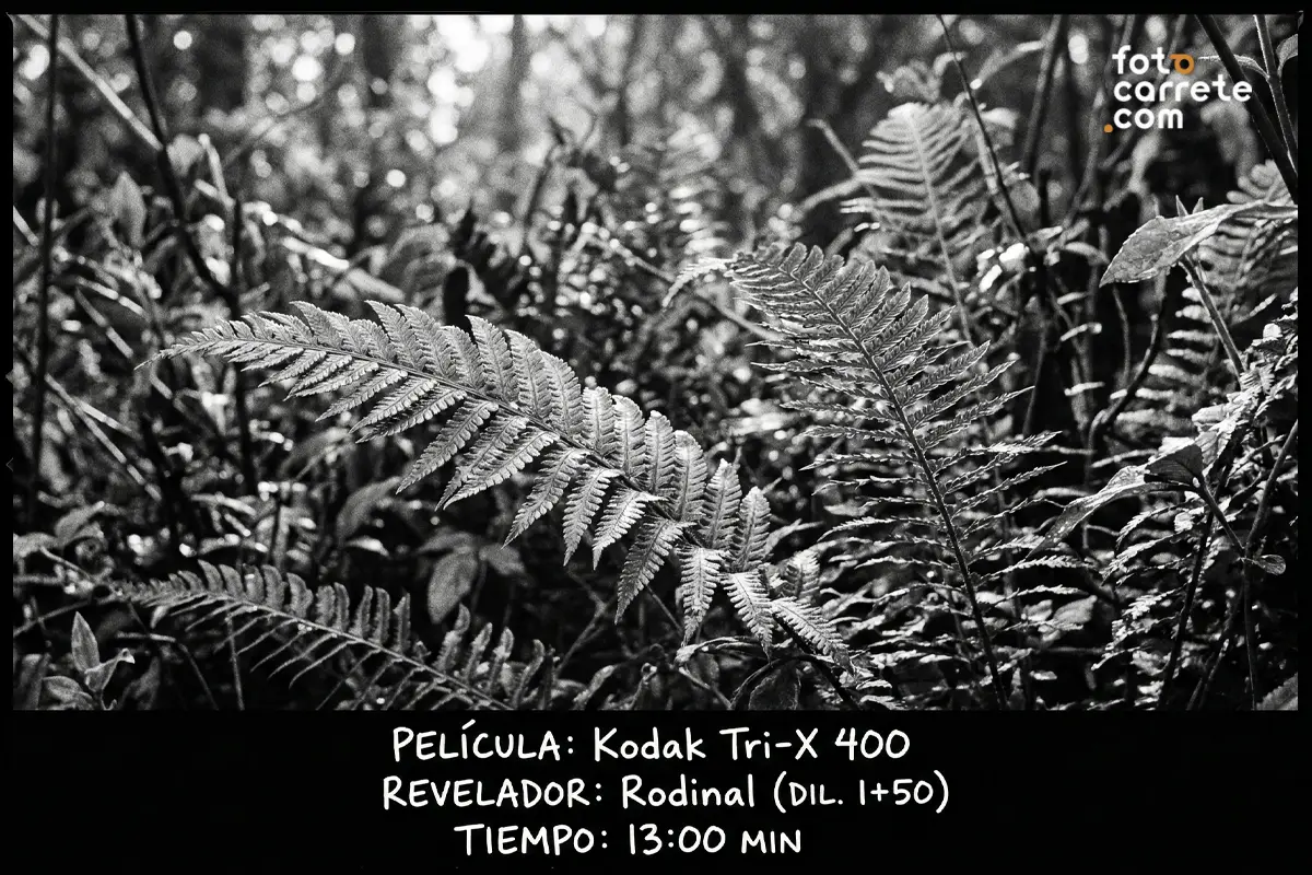 Fotografía analógica de helechos en el bosque tomada con carrete Kodak Tri-X 400 y revelador Rodinal.