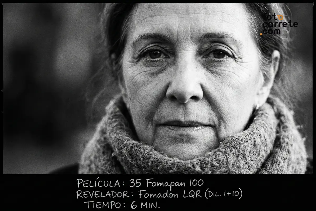 Retrato en primer plano en blanco y negro con película Fomapan 100 y revelador Fomadon LQR.