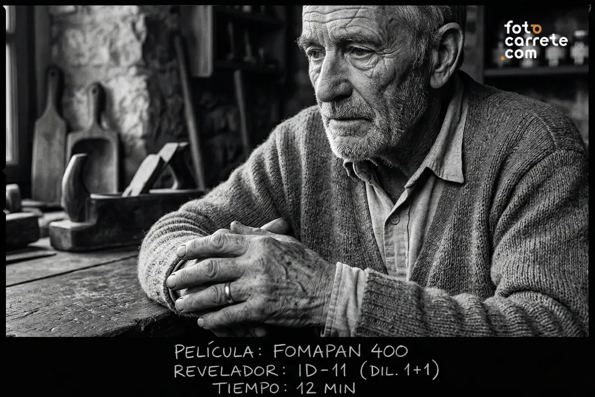 Retrato en blanco y negro de artesano tomado con carrete Fomapan 400 y revelador ID-11
