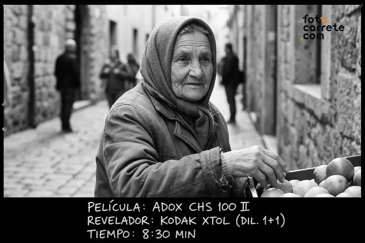 Retrato en blanco y negro de mujer anciana vendiendo fruta, usando carrete Adox CHS 100 II y revelador XTOL.