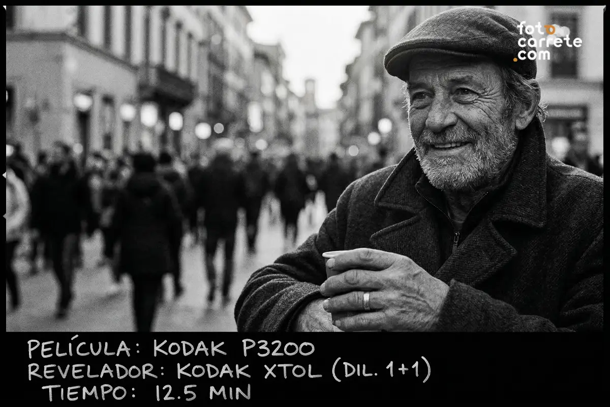 Retrato urbano en blanco y negro de hombre sonriente con taza, disparado con carrete Kodak P3200 y revelador XTOL.