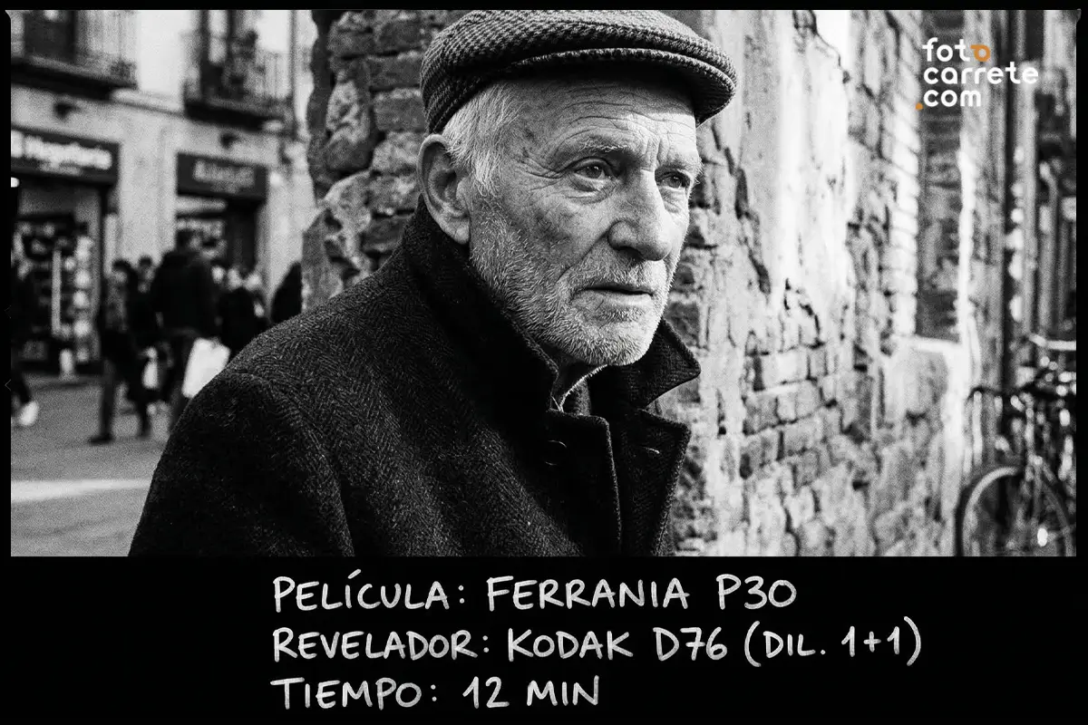 Retrato urbano en blanco y negro de hombre mayor con boina, disparado con carrete Ferrania P30 y revelador D-76.