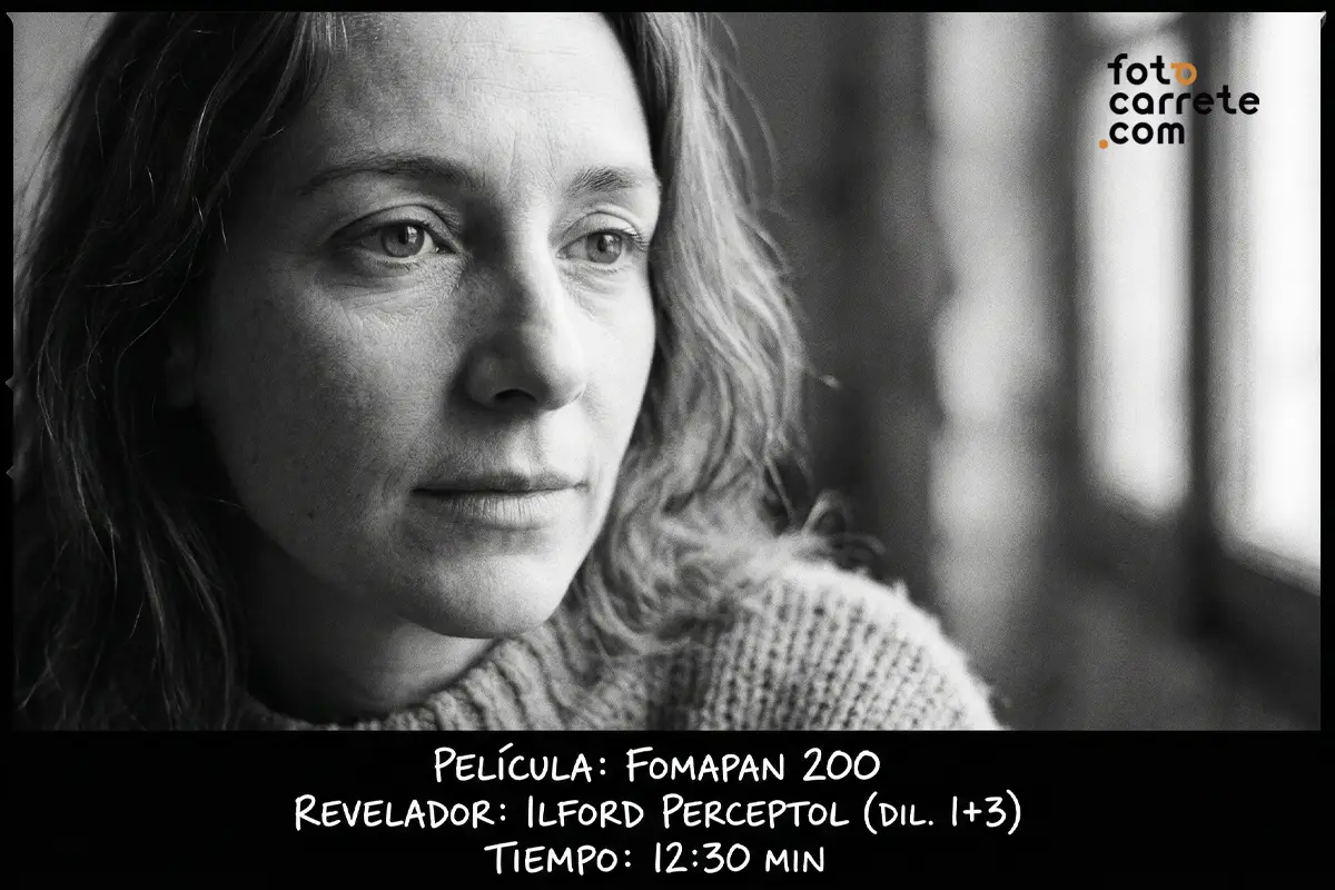 Retrato en blanco y negro fotografiado con carrete Fomapan 200 y revelador Ilford Perceptol.