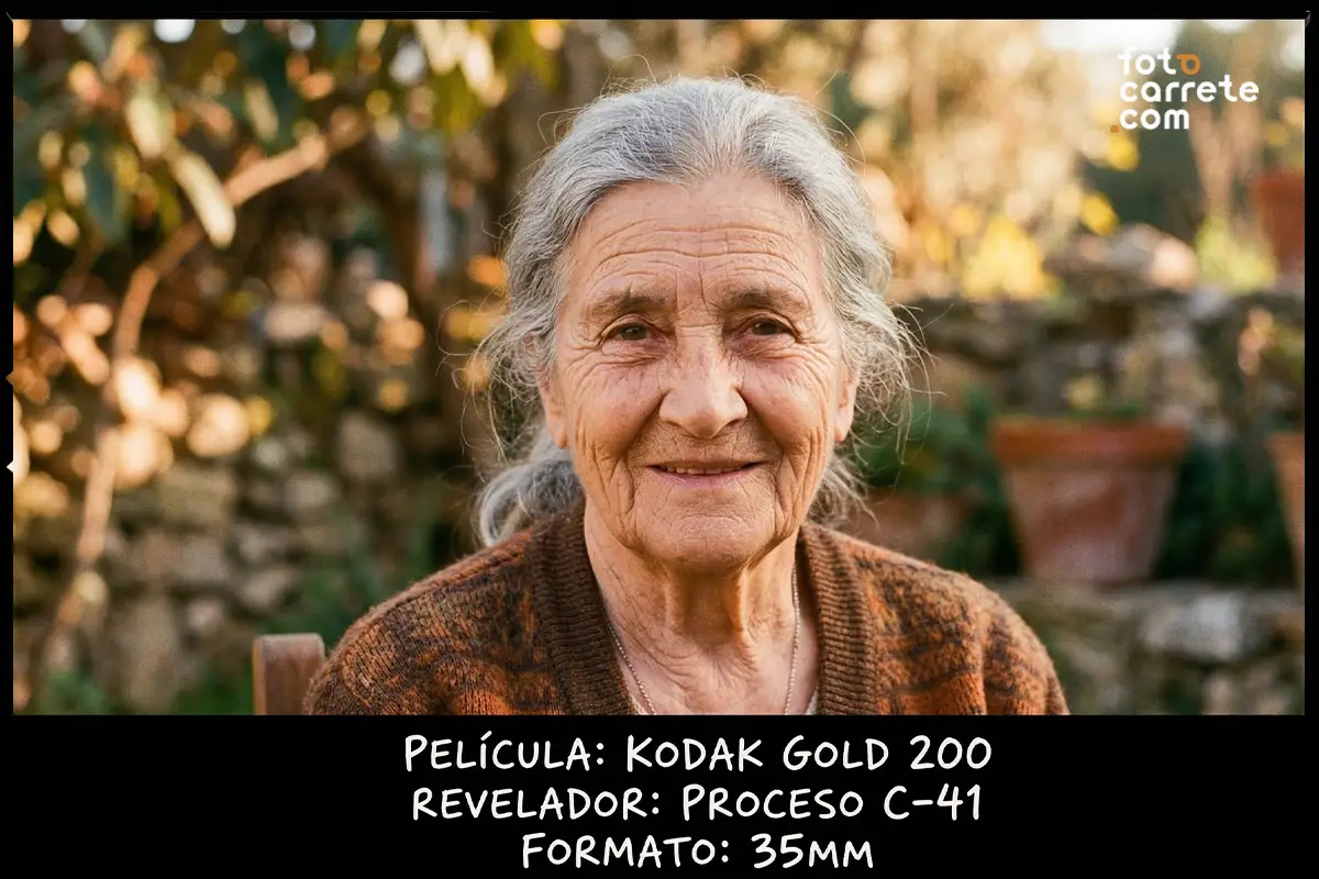 Retrato a color de mujer mayor al aire libre usando carrete Kodak Gold 200 en formato 35mm.
