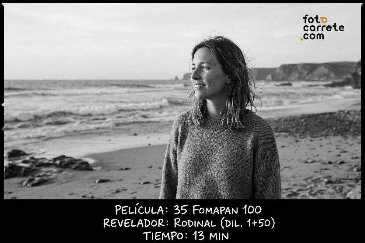Retrato femenino en la playa revelado con Rodinal y carrete de 35mm Fomapan 100.