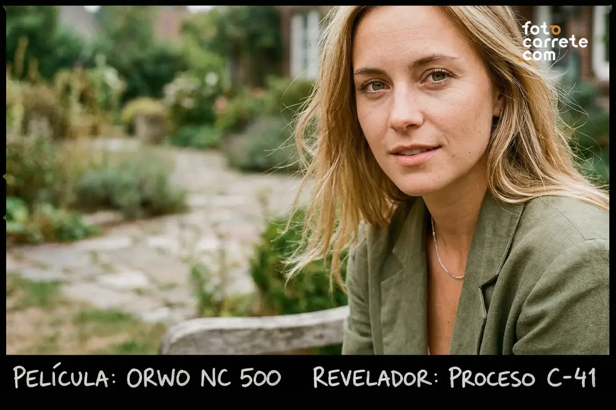 Retrato de mujer joven en un jardín disparado con película a color ORWO NC 500 y revelado C-41.