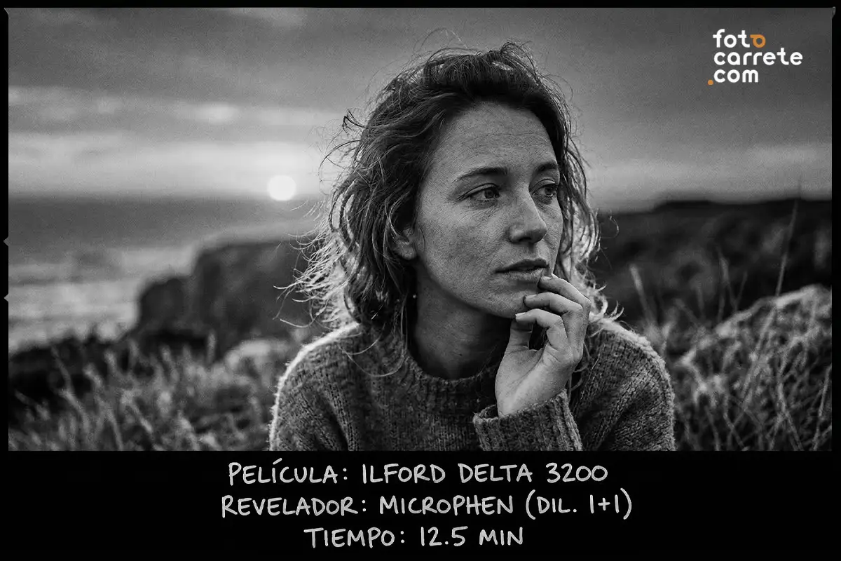 Retrato en blanco y negro al atardecer de mujer joven, tomado con película Ilford Delta 3200 y revelado con Microphen.