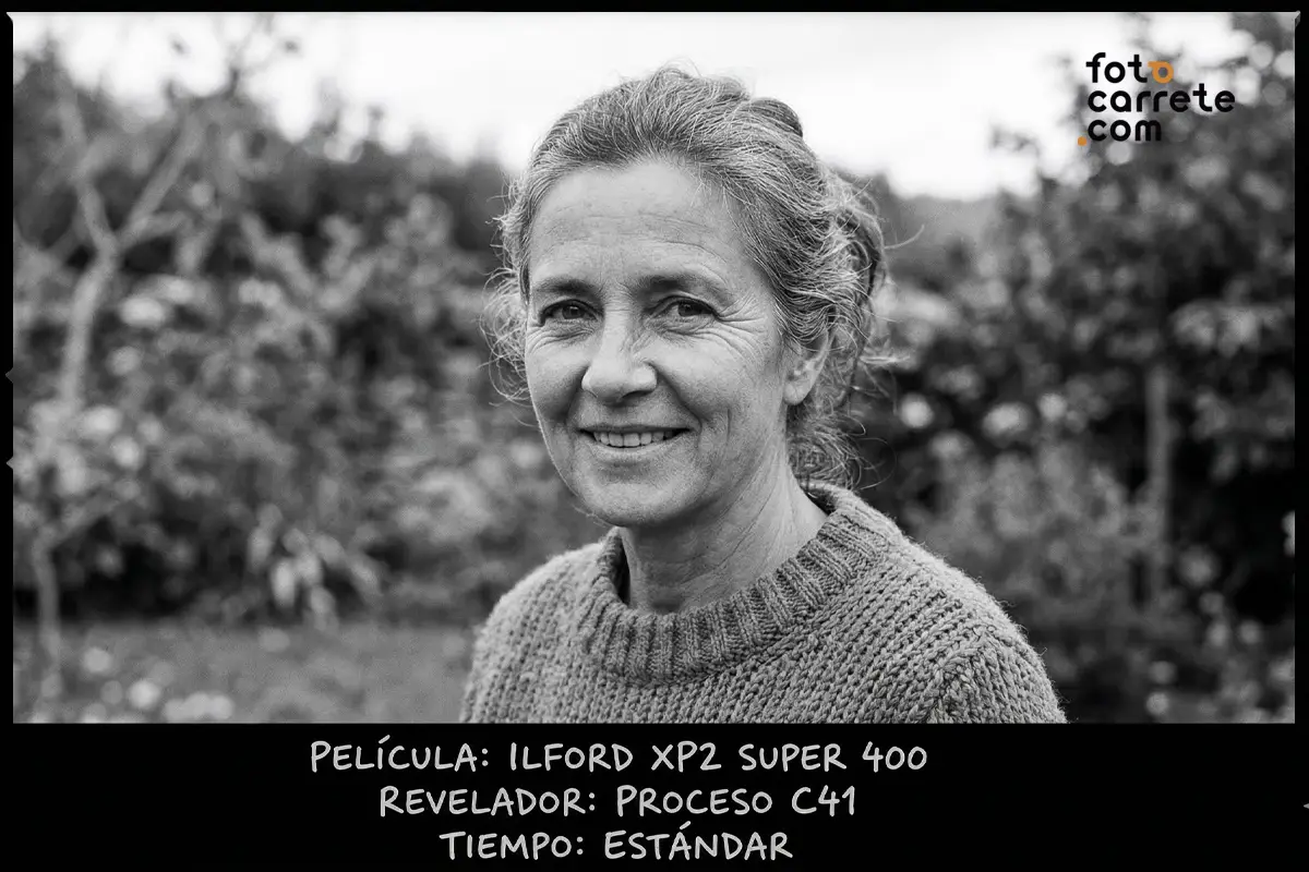 Retrato al aire libre de mujer sonriente en blanco y negro, disparado con carrete Ilford XP2 Super 400 y proceso C-41.