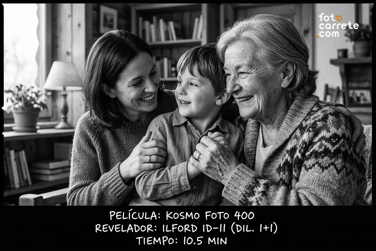 Retrato de familia en interiores disparado con película Kosmo Foto 400 y revelador Ilford ID-11.