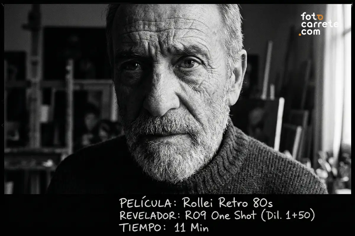 Retrato masculino en blanco y negro revelado con R09 One Shot y película Rollei Retro 80S