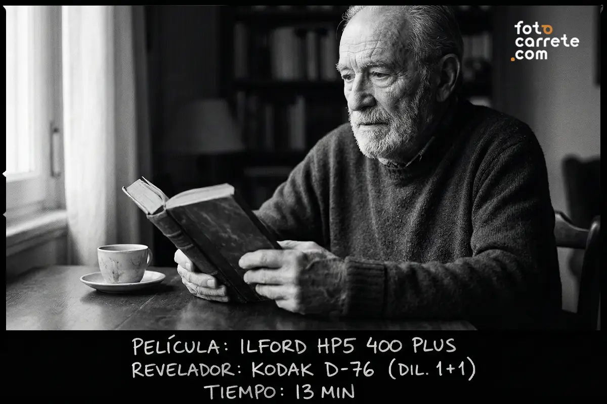 Retrato en blanco y negro de un hombre leyendo, tomado con película Ilford HP5 400 Plus