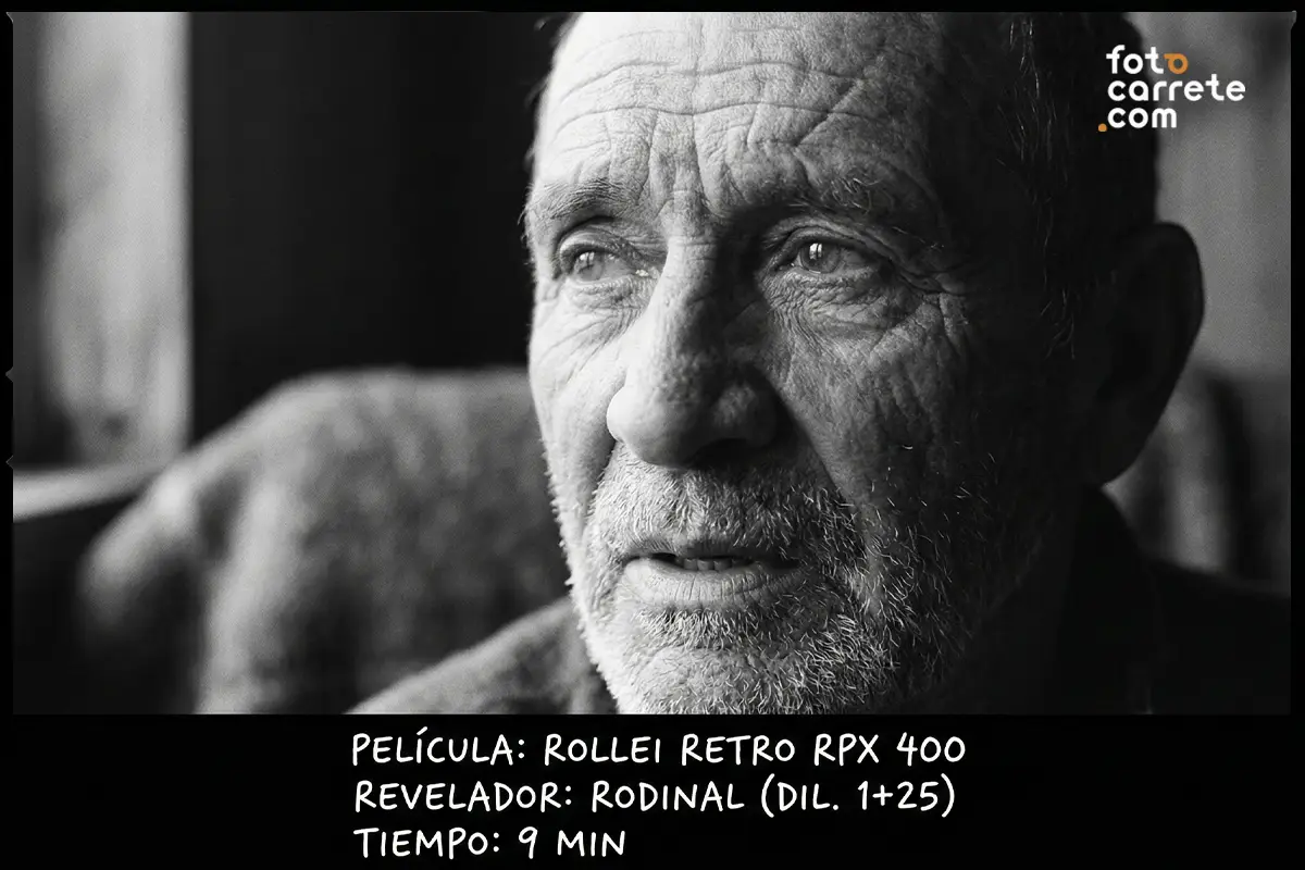 Retrato en blanco y negro tomado con carrete Rollei Retro RPX 400 revelado con Rodinal