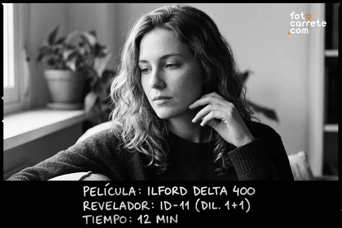 Retrato de mujer en interiores iluminado por ventana, tomado con Ilford Delta 400 y revelador ID-11.