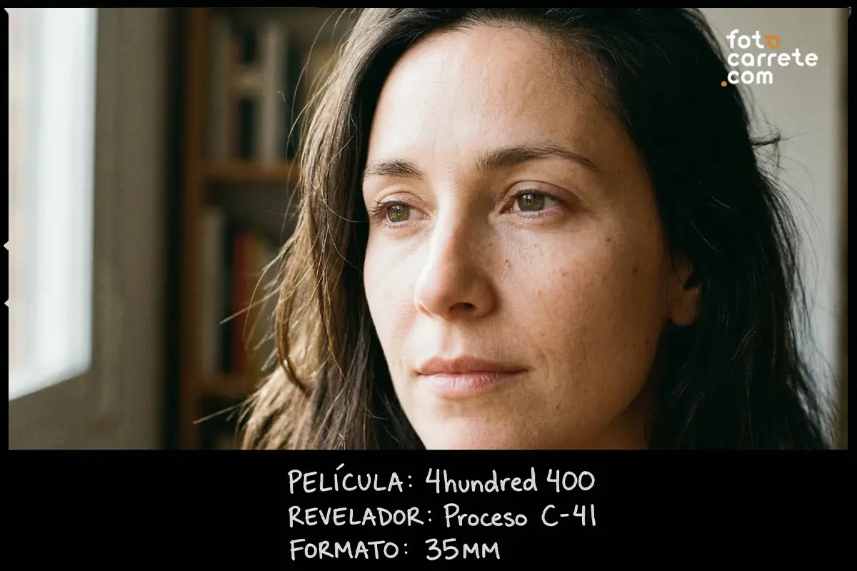 Retrato cercano con luz natural filtrada tomado con carrete 4HUNDRED 400.
