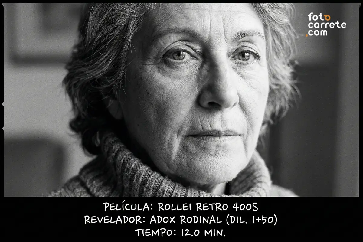 Retrato de mujer mayor en blanco y negro con película Rollei Retro 400S y Adox Rodinal