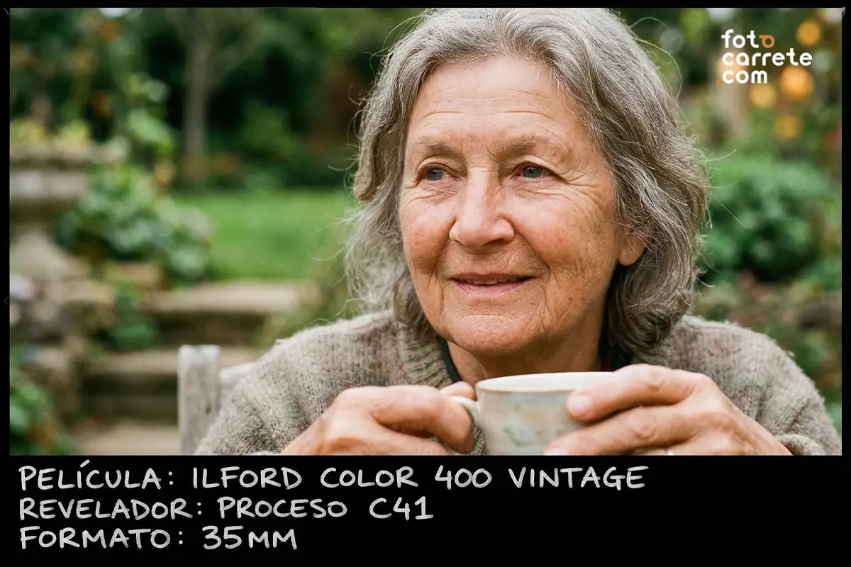 Retrato de mujer mayor tomando té en un jardín con luz natural, carrete Ilford Color 400 Vintage.