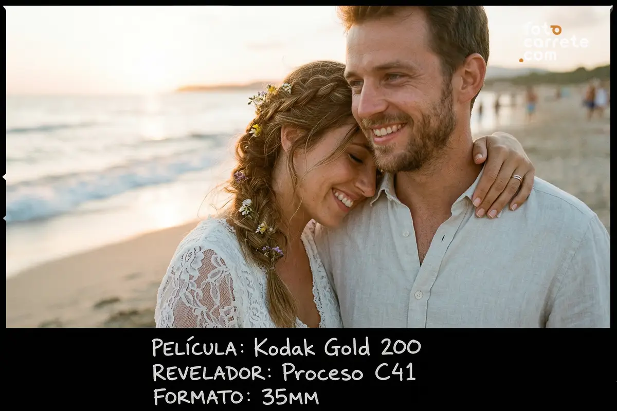 Retrato de una pareja abrazada en la playa al atardecer tomado con película Kodak Gold 200.