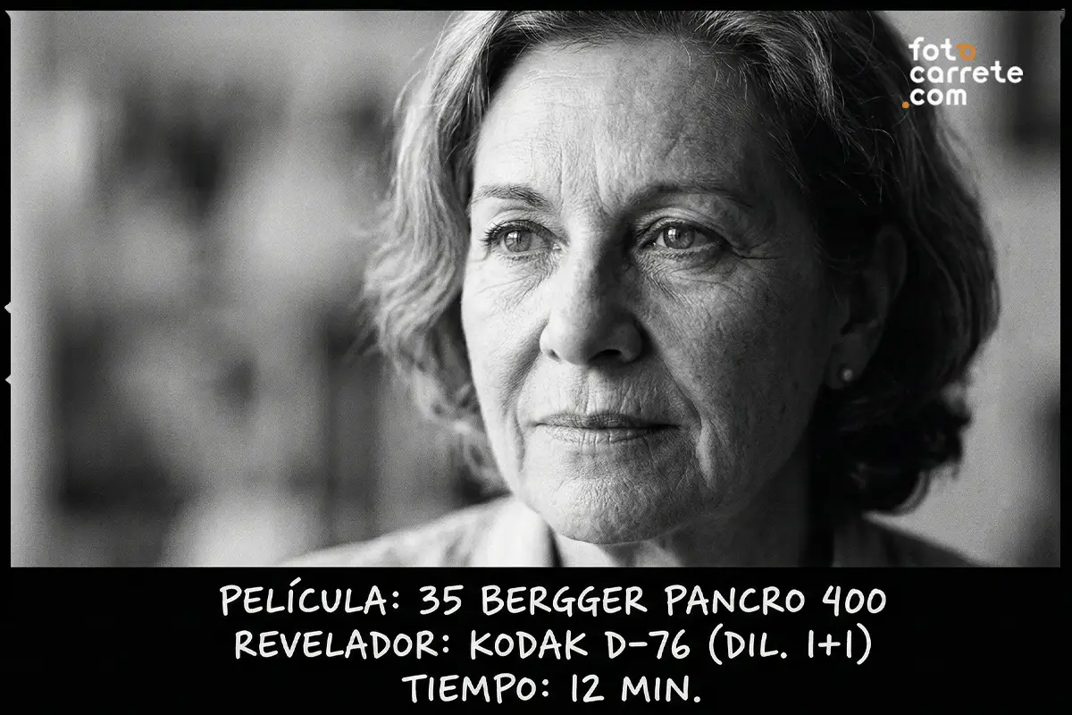 Retrato fotográfico analógico con carrete Bergger Pancro 400 y revelador Kodak D-76.