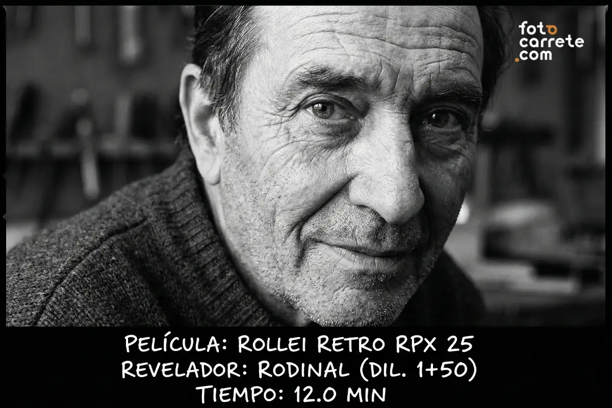 Retrato masculino en blanco y negro con película Rollei Retro RPX 25 revelada en Rodinal