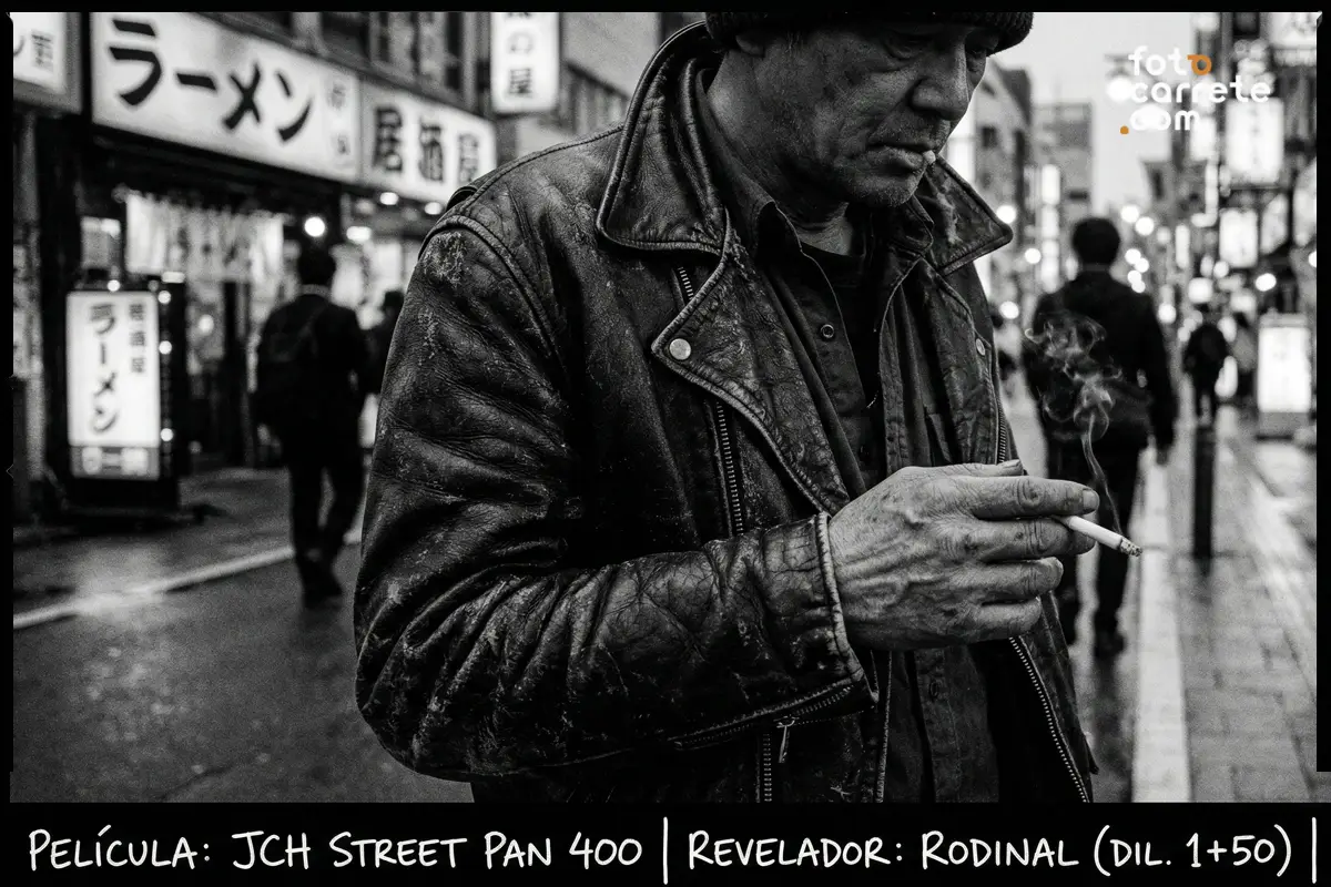 Retrato urbano en blanco y negro disparado con JCH Street Pan 400 y revelador Rodinal.