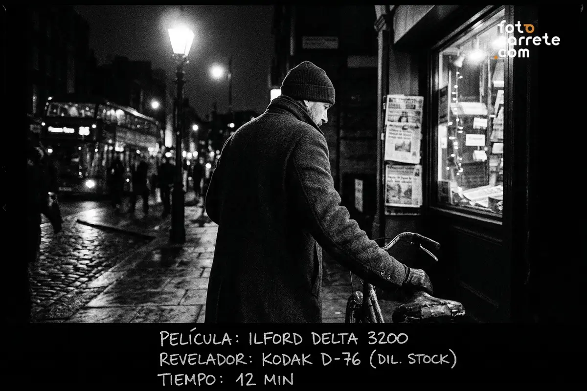 Fotografía nocturna de hombre mirando un escaparate, tomada con película Ilford Delta 3200 y revelador D-76.