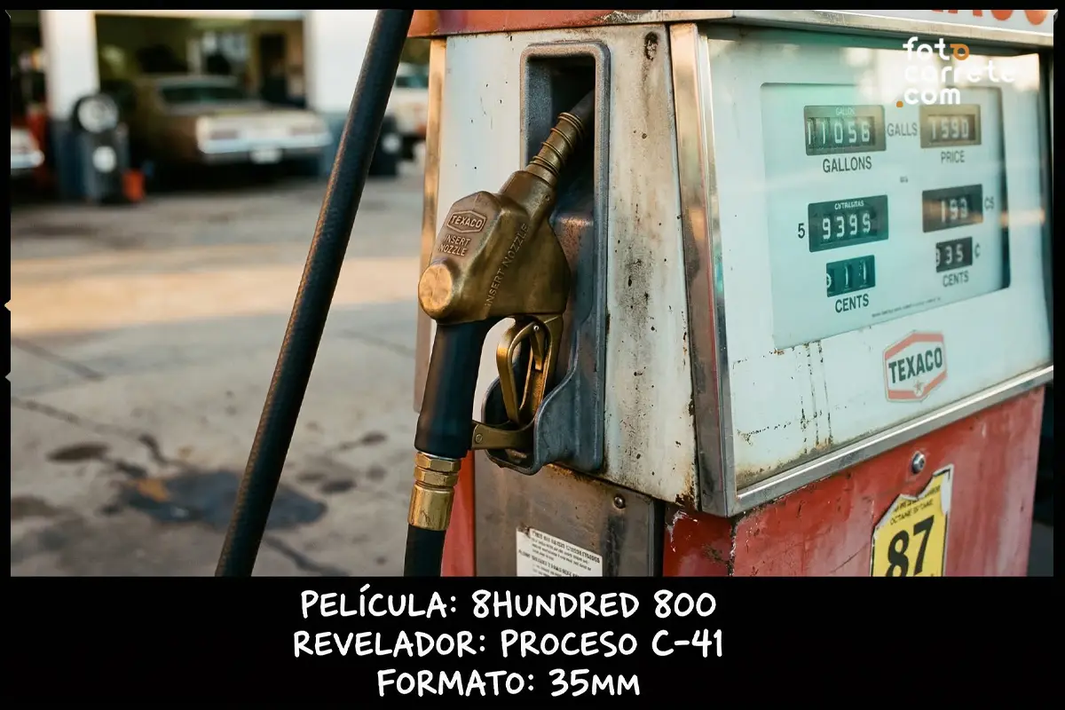 Fotografía de surtidor de gasolina vintage tomada con carrete a color 8HUNDRED 800 en formato 35mm.
