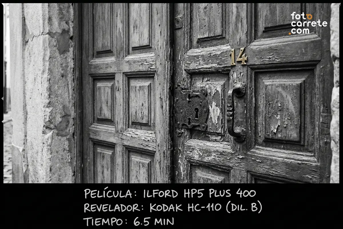 Detalle de puerta de madera fotografiada con película Ilford HP5 Plus 400 y revelador Kodak HC-110