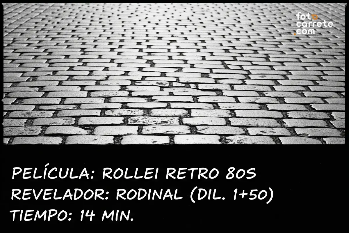 Fotografía de adoquines en blanco y negro con película Rollei Retro 80S y revelador Rodinal