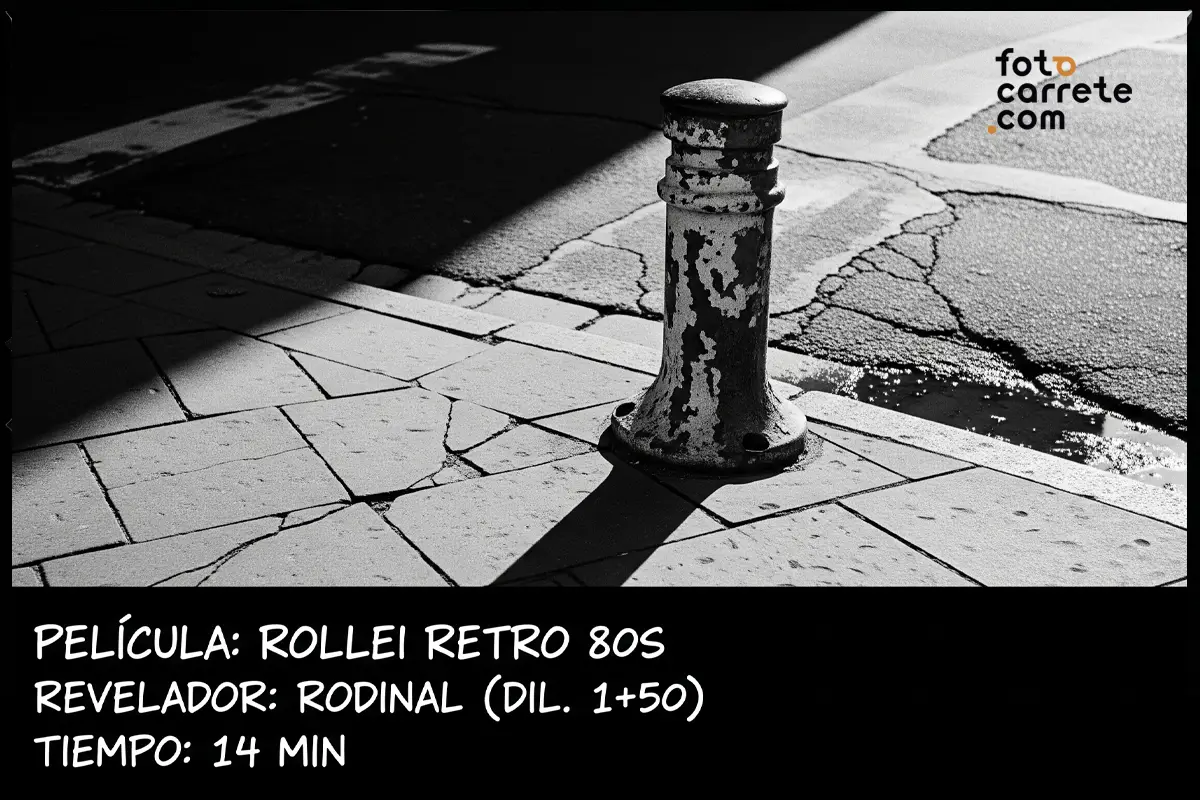 Fotografía de alto contraste con bolardo tomada con película Rollei Retro 80s y Rodinal