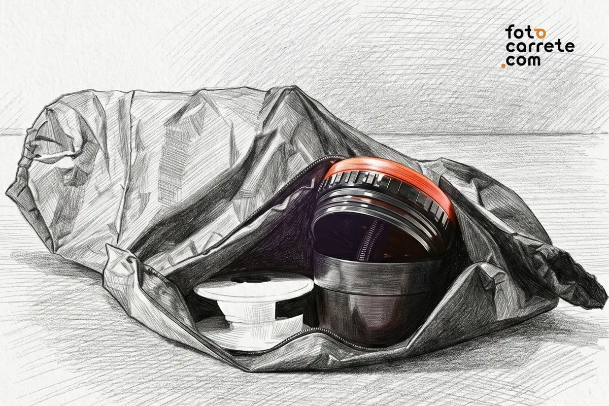 Boceto a lápiz de una bolsa oscura negra con un tanque de revelado abierto y una espiral blanca.