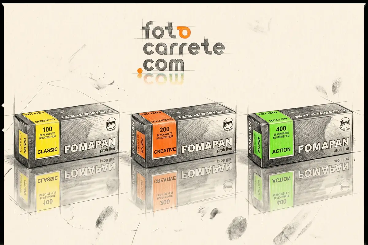 Boceto de tres cajas de carretes Fomapan Classic, Creative y Action