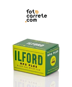 Caja de carrete fotográfico blanco y negro Ilford HP5 Plus 400 de 35mm.