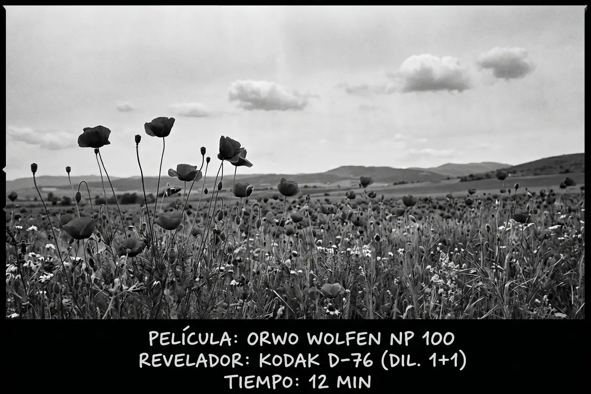 Campo de amapolas en blanco y negro, fotografía de paisaje con ORWO Wolfen NP 100.