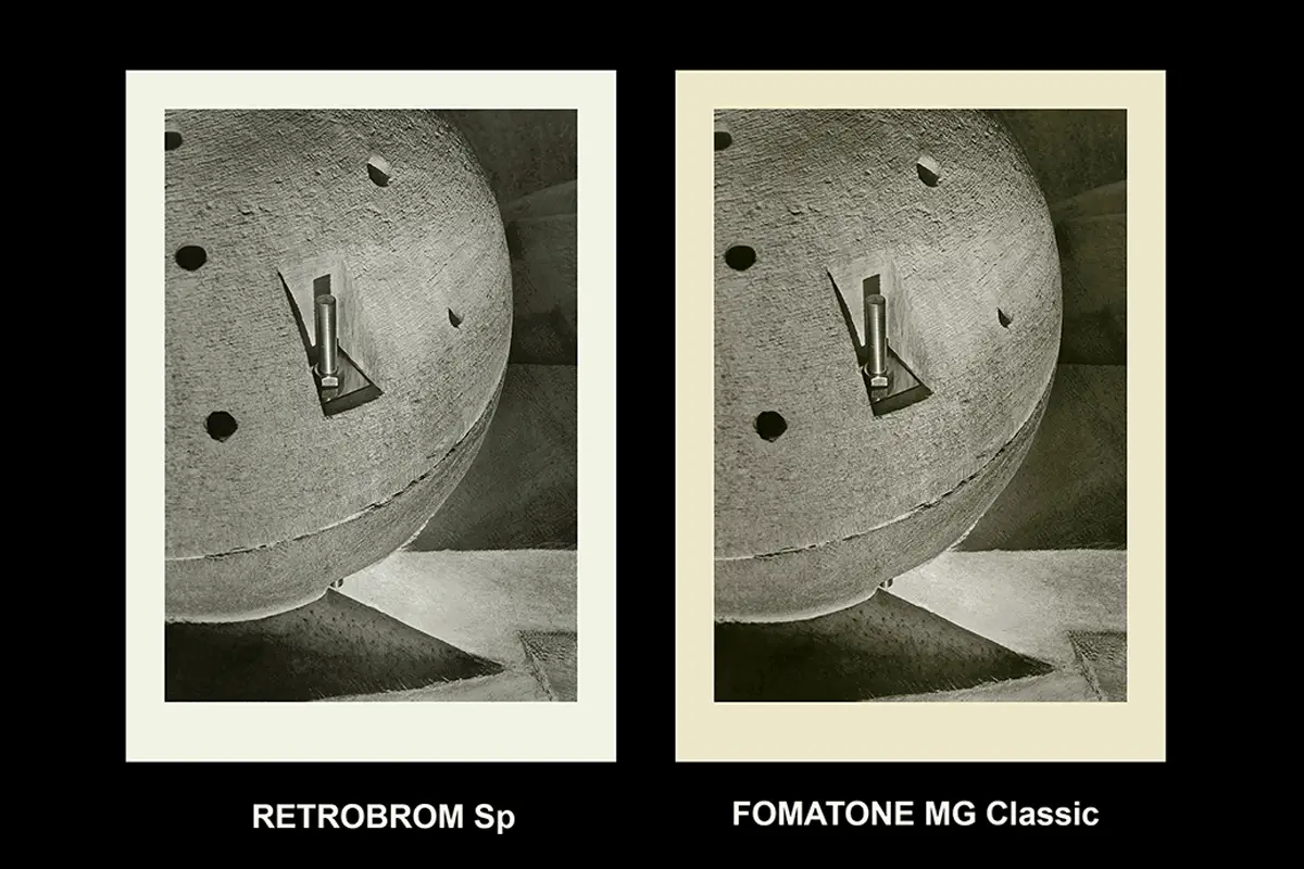 Comparativa de fotografía de esfera impresa en papel Retrobrom Sp y Fomatone MG Classic.
