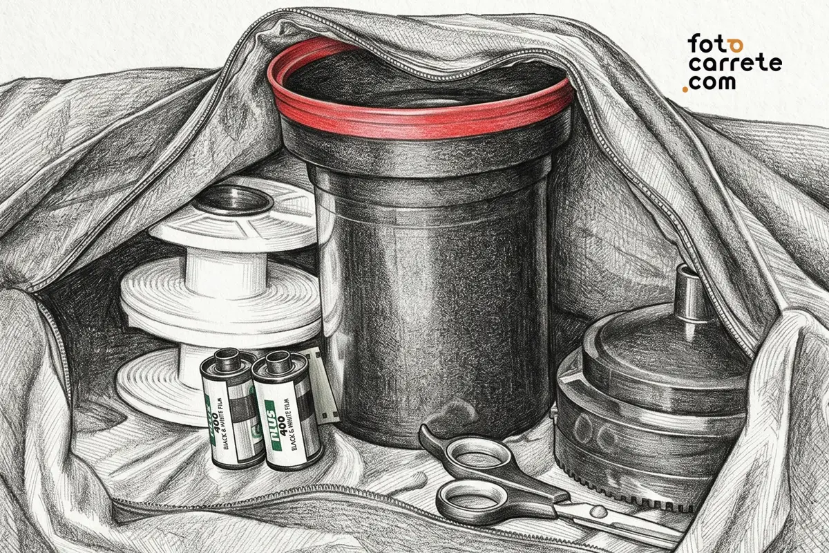 Ilustración a lápiz de una bolsa oscura abierta revelando un tanque, espirales y película Ilford HP5.