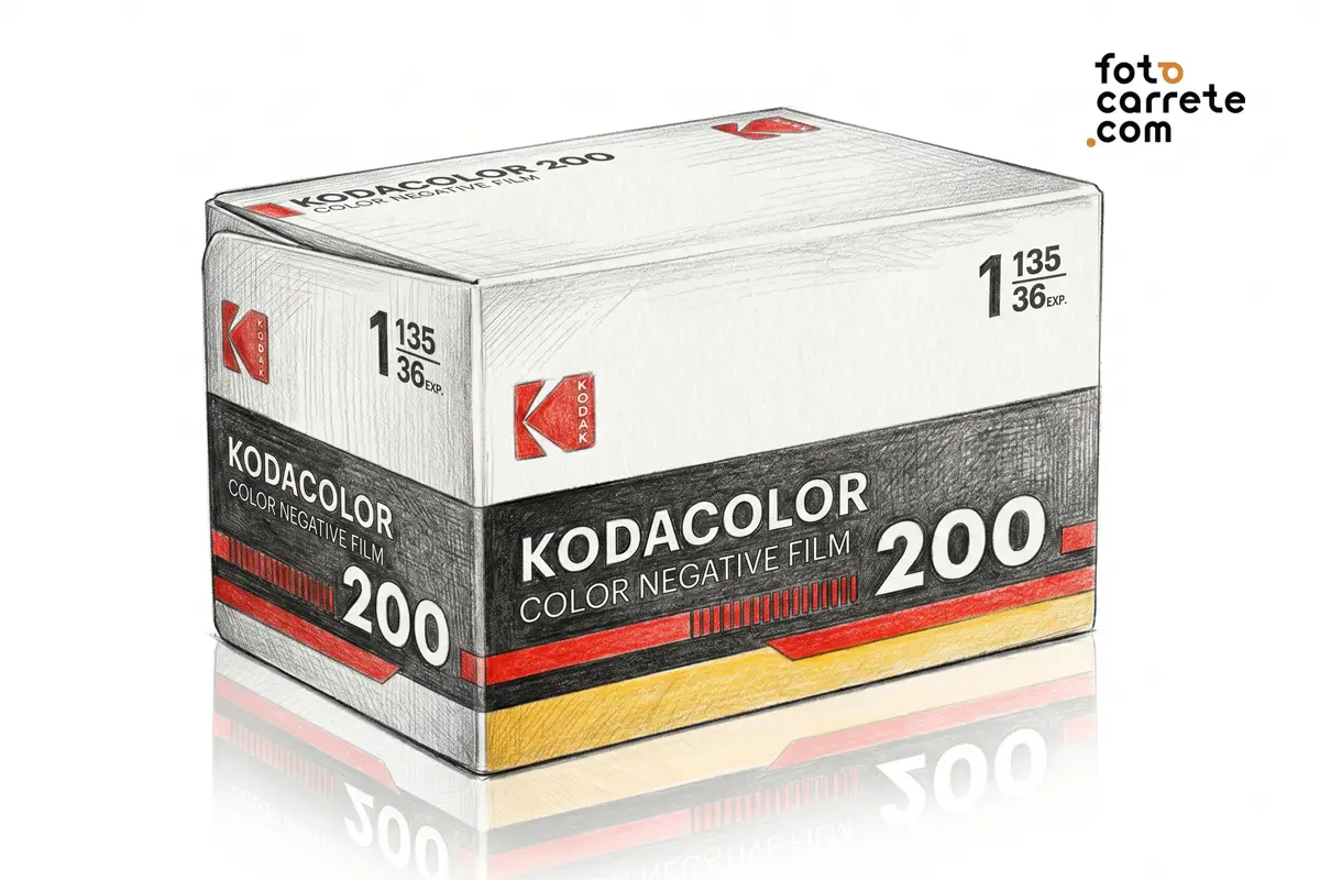 Ilustración a lápiz de una caja de carrete Kodak Kodacolor 200.