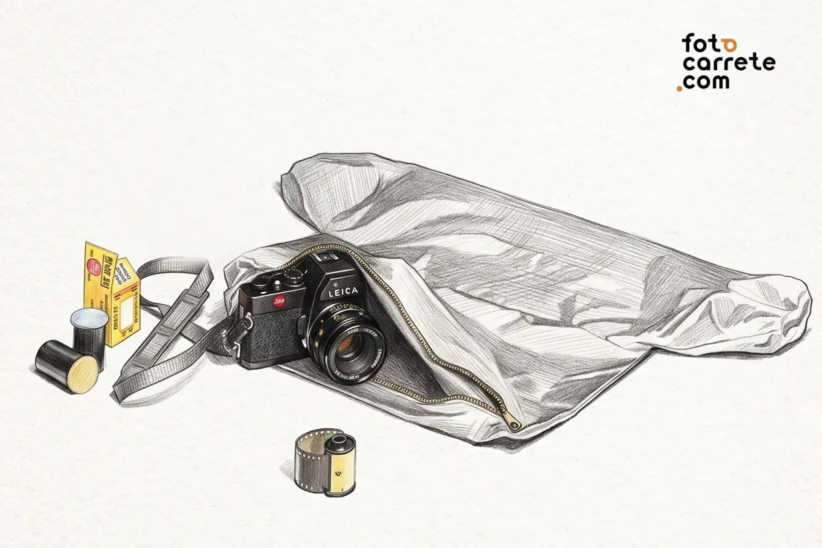 Ilustración a lápiz de una cámara Leica telemétrica, una bolsa oscura y carretes fotográficos.