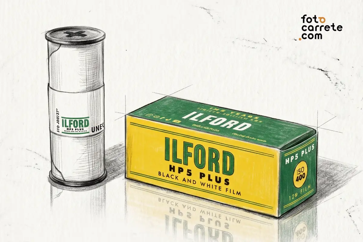 Boceto a lápiz de un carrete de formato 120 y su caja de la película Ilford HP5 Plus 400.
