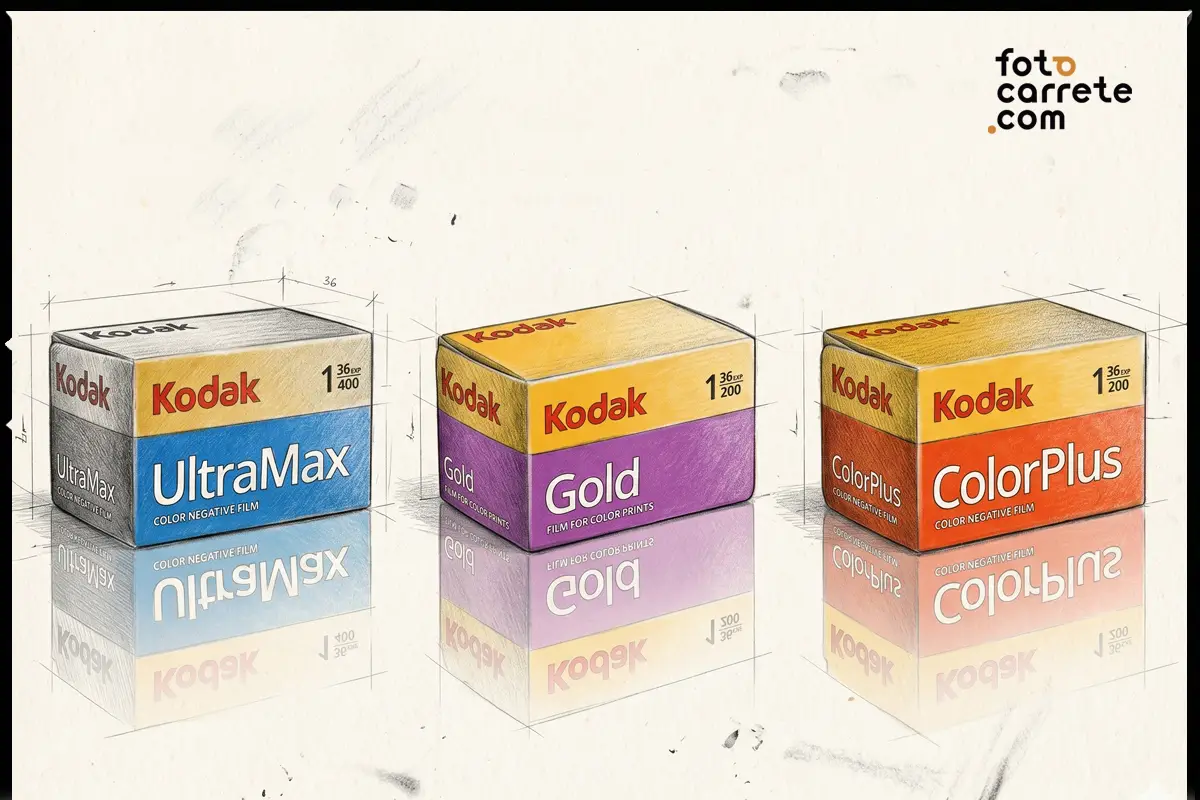Dibujo de tres cajas de carretes de color Kodak UltraMax, Gold y ColorPlus