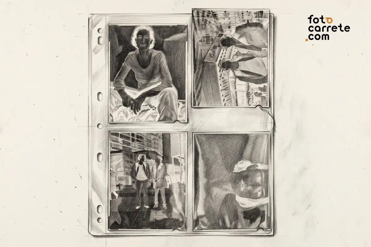 Dibujo artístico de una funda transparente para archivar tiras o formatos grandes de negativos fotográficos.