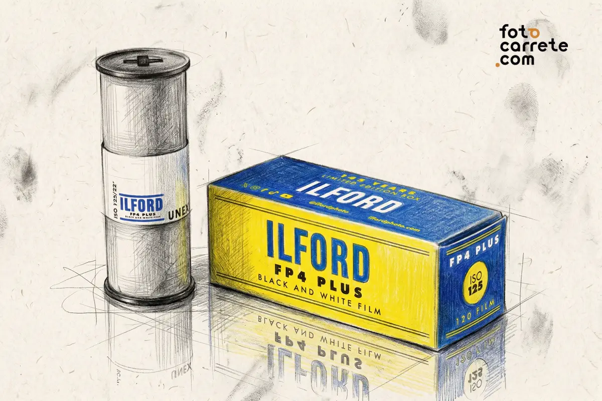 Ilustración estilo boceto de un rollo 120 y caja de Ilford FP4 Plus.
