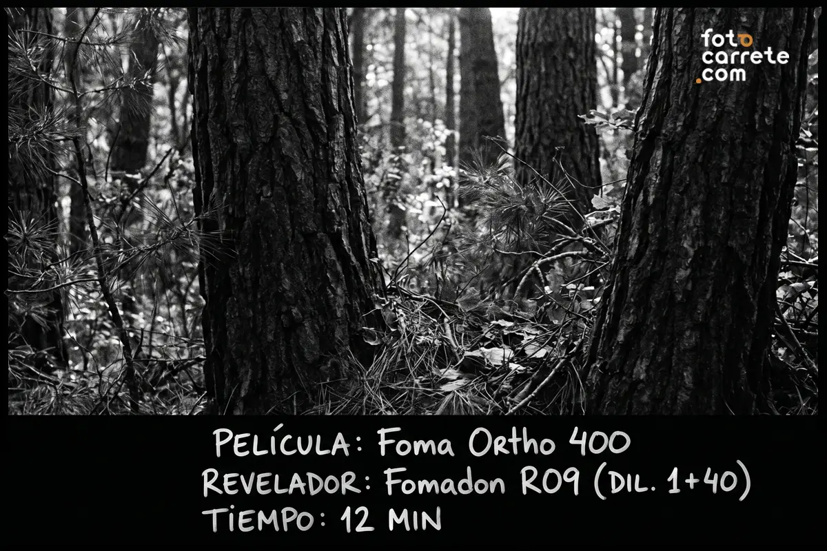 Fotografía de árboles en un bosque tomada con película Foma Ortho 400 y revelador Fomadon R09.