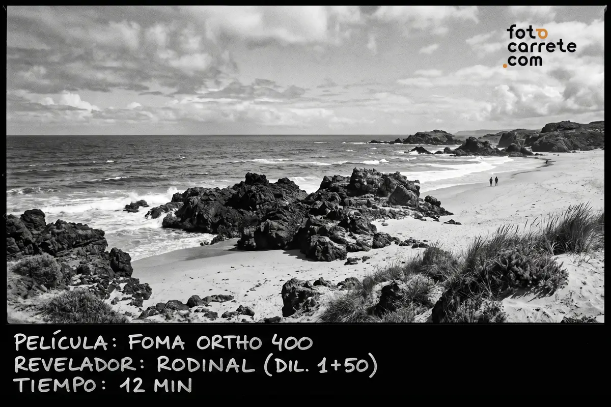 Fotografía en blanco y negro de una playa rocosa revelada con Foma Ortho 400 y Rodinal.