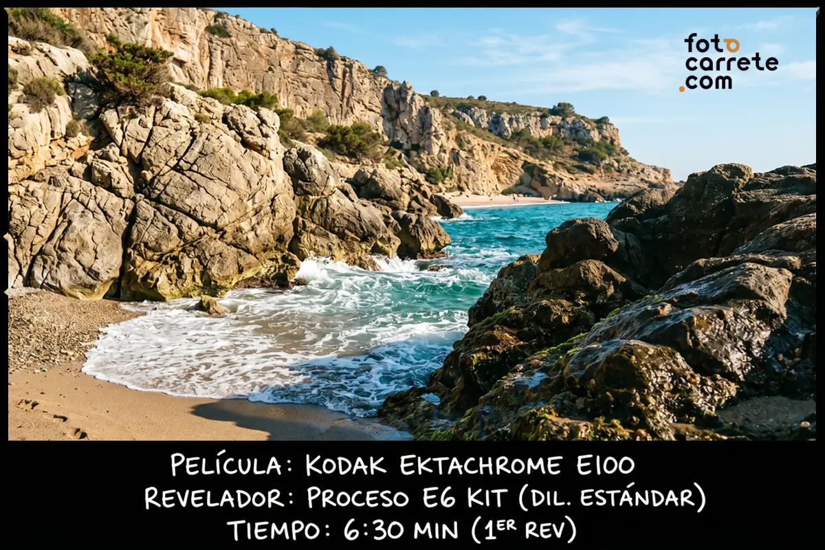 Paisaje de cala rocosa y mar revelado con Kodak Ektachrome E100